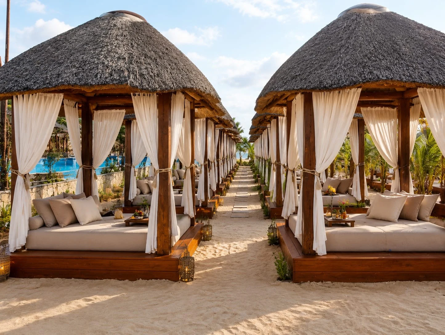 Cabanas de repouso com cortinas claras e sofás