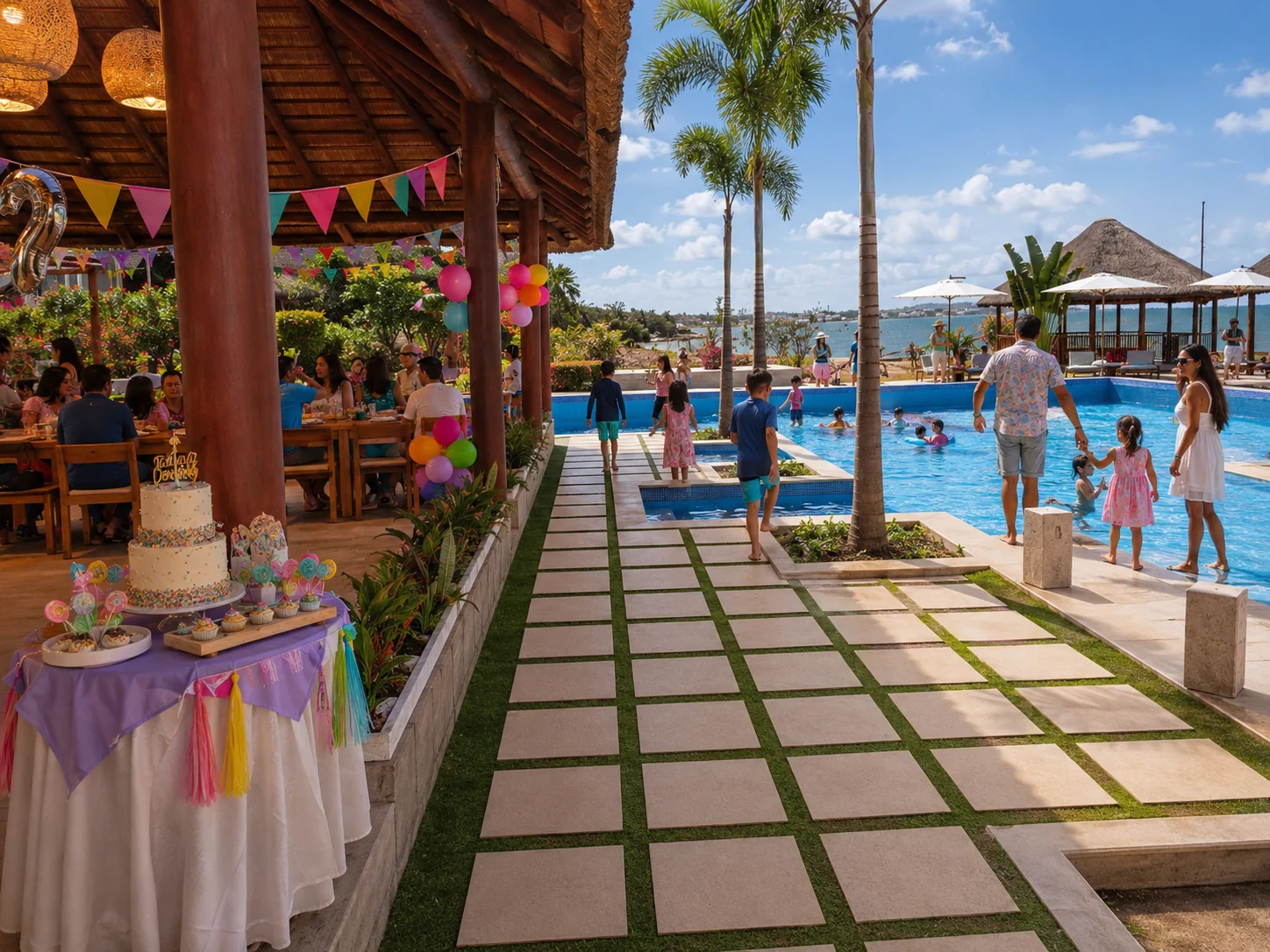 Festa em família ao lado da piscina