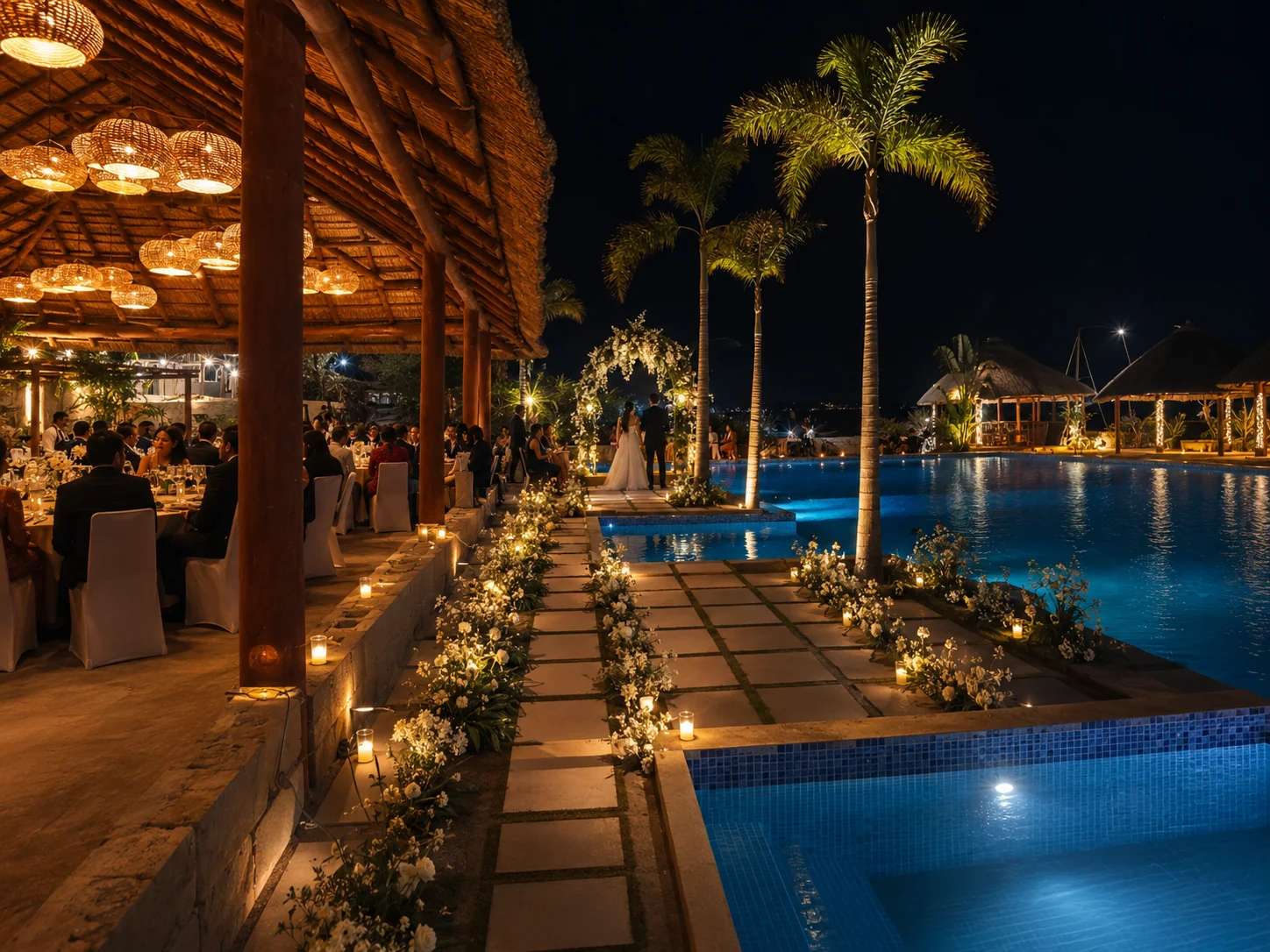 Celebração iluminada junto à piscina à noite