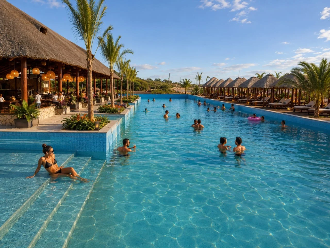 Piscina ampla com visitantes num dia de sol