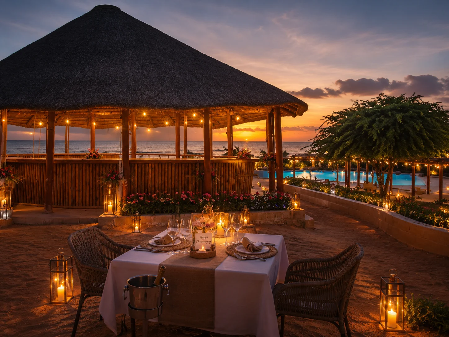 Mesa posta para jantar ao pôr do sol perto do mar