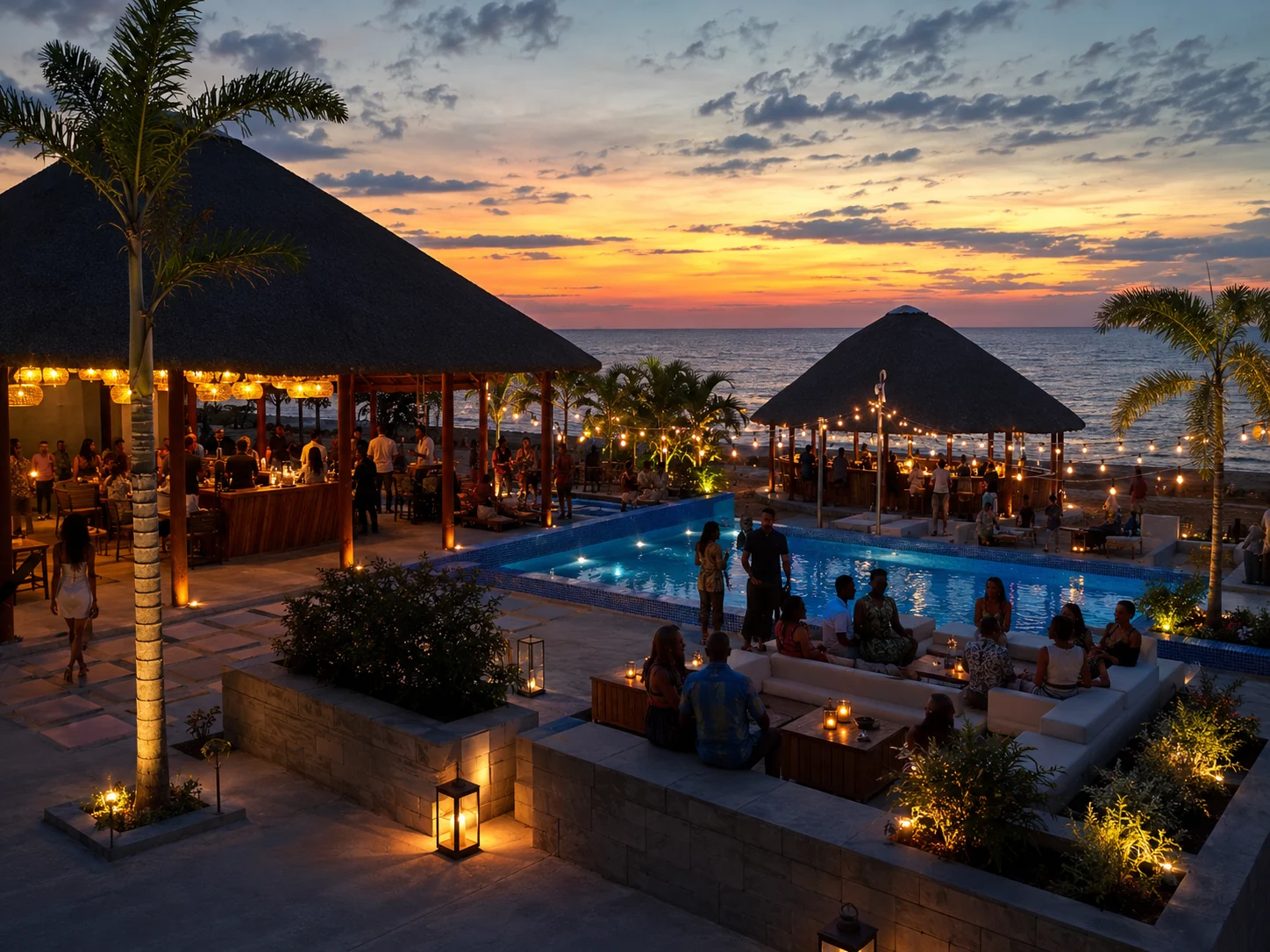 Vista ao pôr do sol de um espaço de lazer com piscina junto ao mar