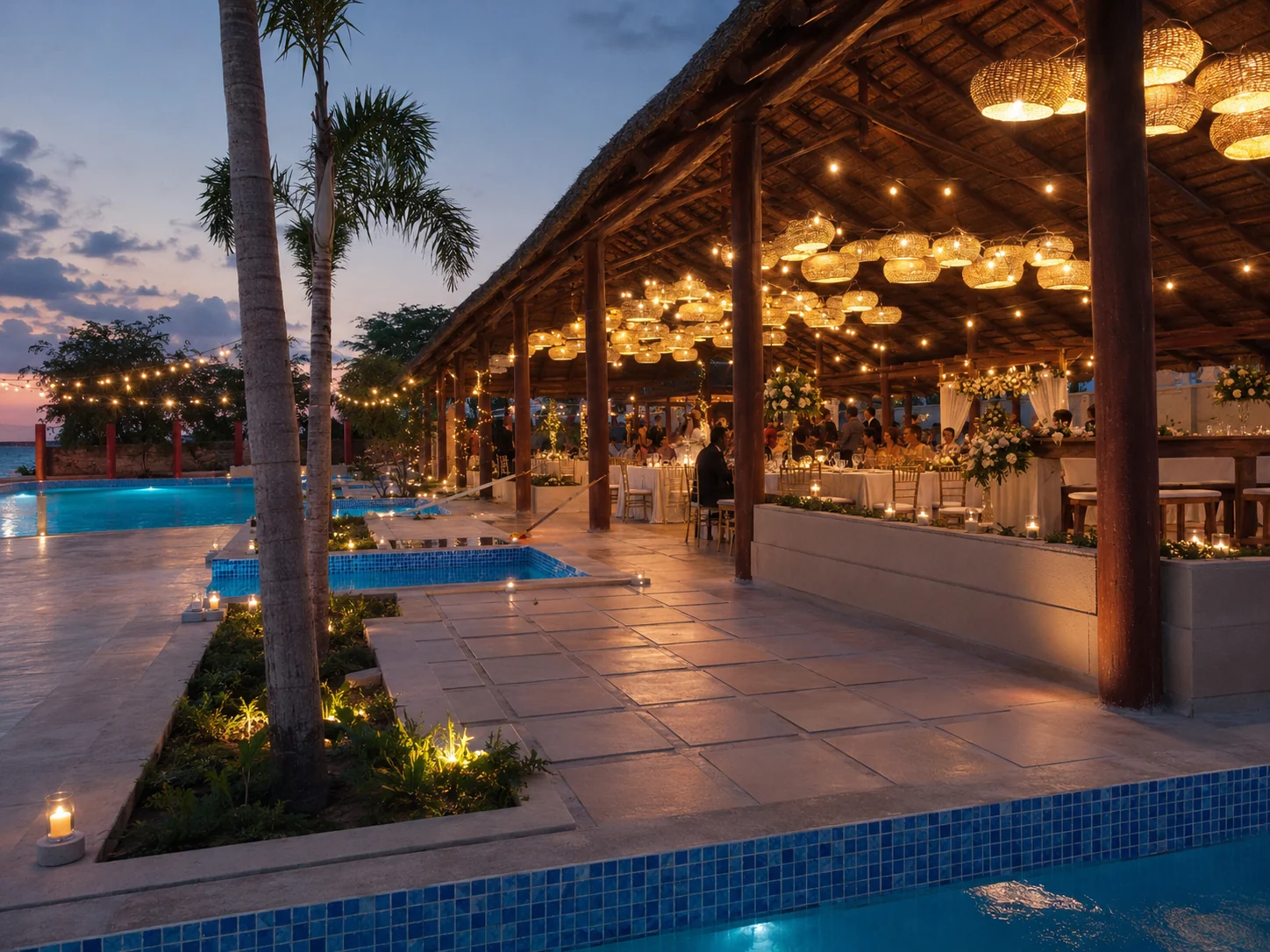 Receção de casamento iluminada junto à piscina